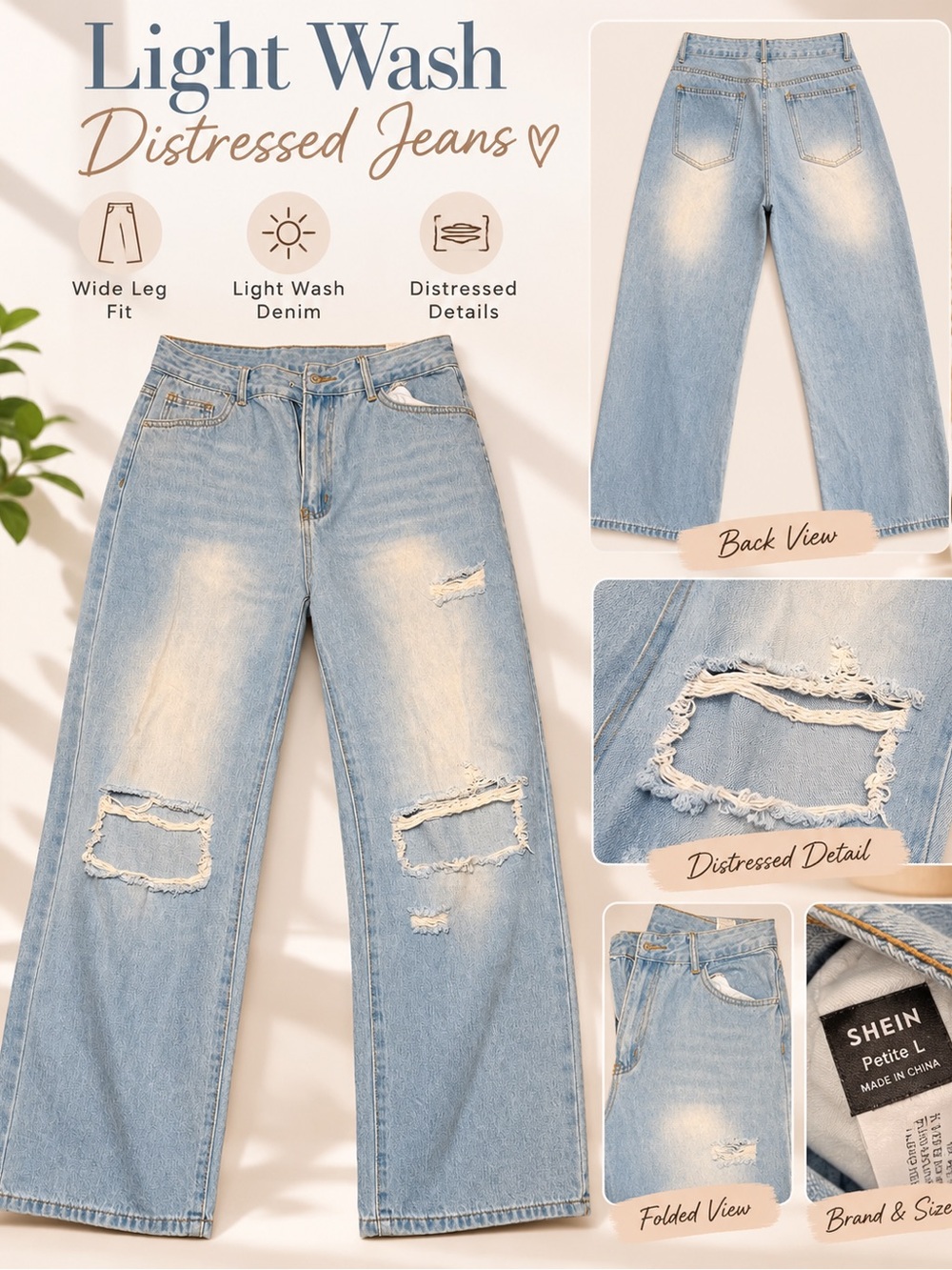 SHEIN Light Wash Distressed Wide-Leg Jeans - Light Blue